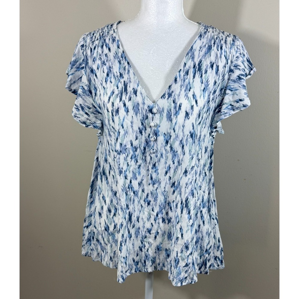 Floral & Ivy Flutter Sleeve Blouse Women's Size XL Blue White Abstract Rayon